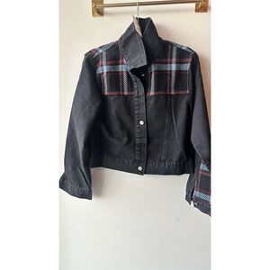 Calista Women's Black Denim Jacket M Tweed Plaid Button Accents